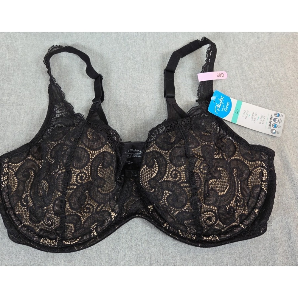 Playtex Love My Curves Bra 38D Black Stretch Lace Cups Sculpted Lift NEW
